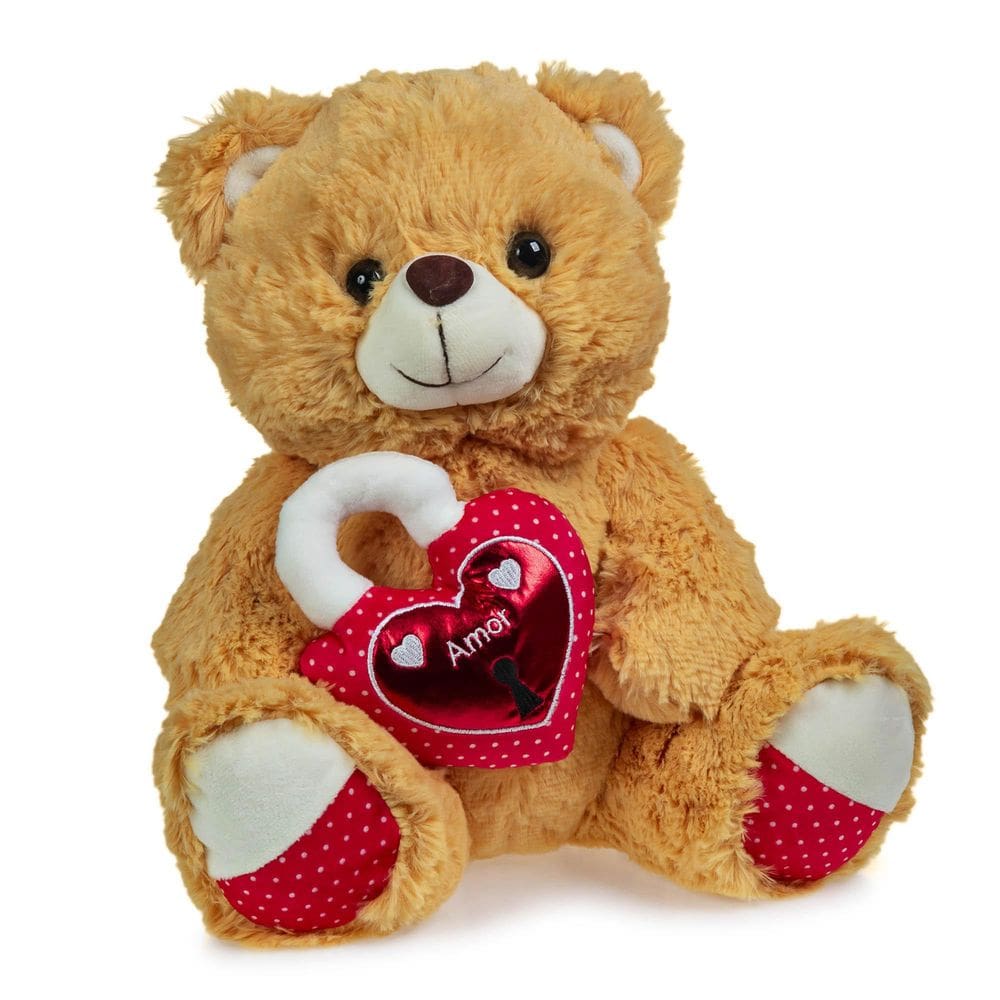 Urso De Pelúcia Caramelo Coração Cadeado 30Cm Sentado