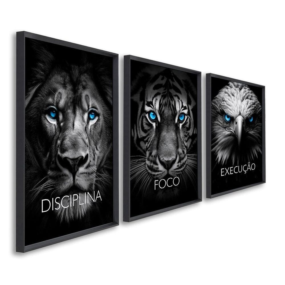 Quadro Decorativo Disciplina Foco Execução 60x90cm Leão Tigre Águia para Sala, Escritório, Hall Preto