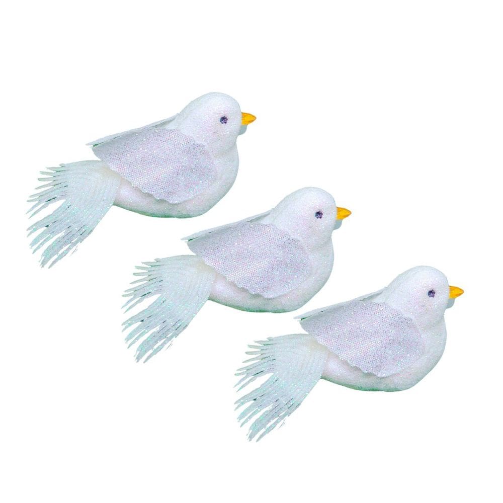 Conjunto 3 Pássaros Decorativo Natal Glitter Branco Furta Cor 8cm - Art Christmas