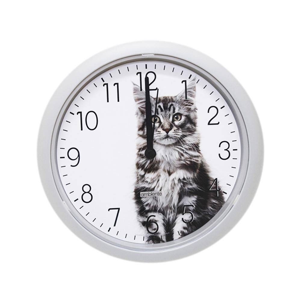Relógio De Parede Sala Cozinha Gato Cat 24Cm Redondo Branco