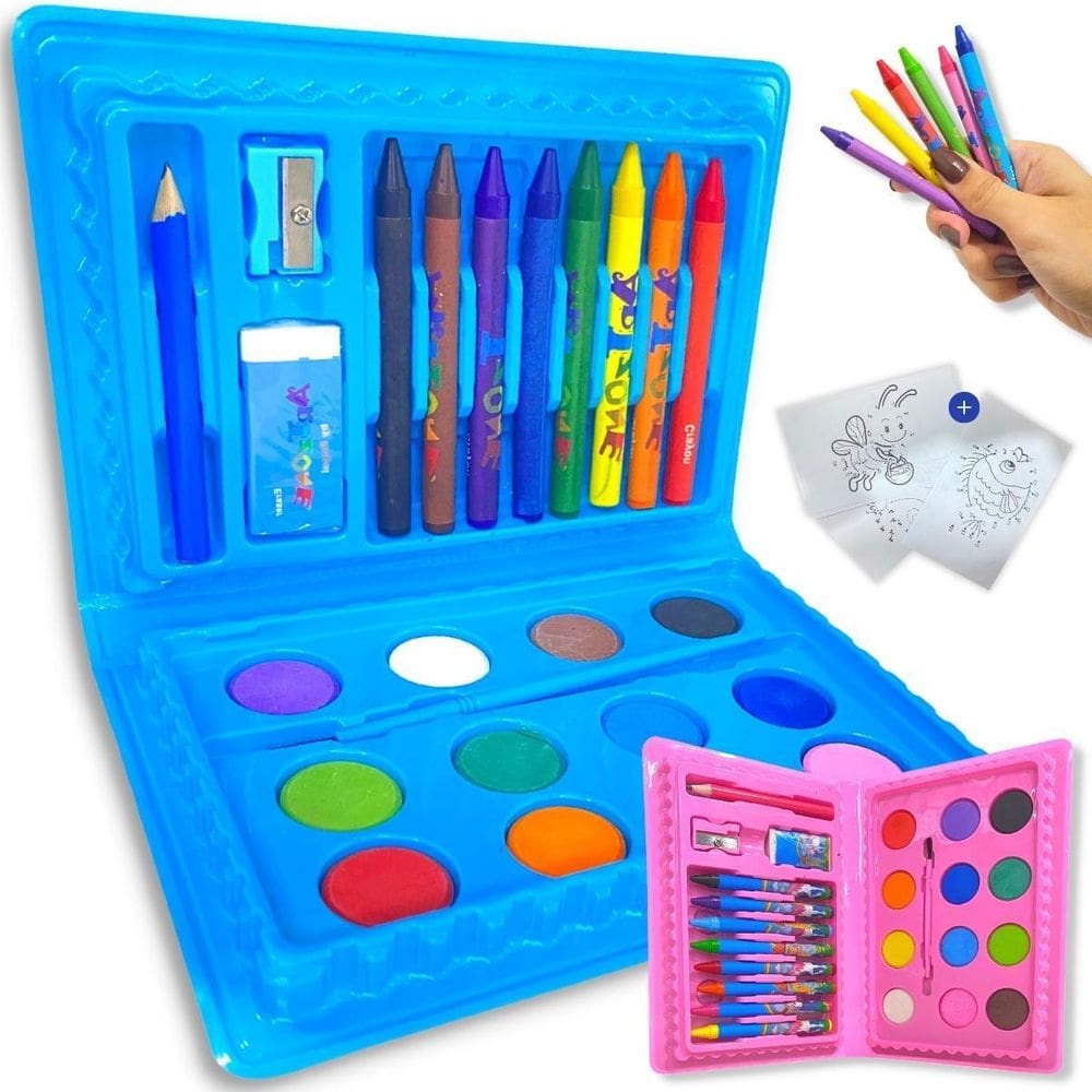 Maleta Infantil Escolar Unicórnio 24 Peças - Giz de Cera, Aquarela