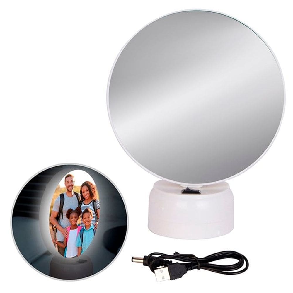 Porta Retrato com Espelho de Mesa para Maquiagem e Luminária LED com USB Recarregável 3 em 1