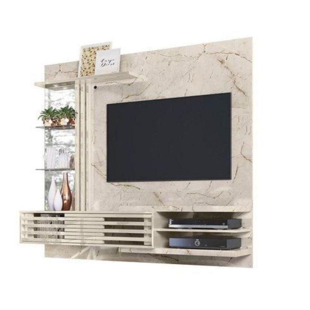 Painel Para Tv Até 55 Polegadas Bancada Suspensa 2 Portas Luminária De Led Cor Calacata Off White