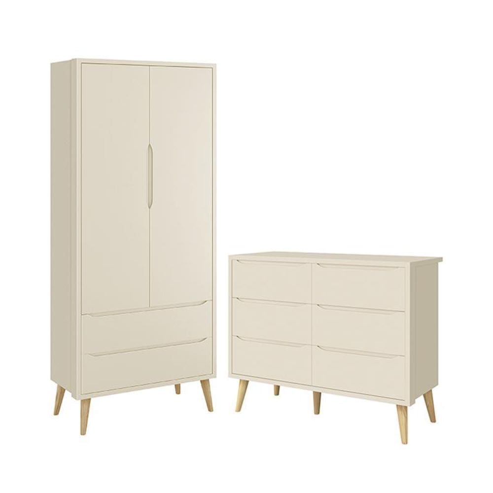 Jogo de Quarto Infantil Theo Guarda Roupa 2 Portas e Cômoda 6 Gavetas com Pés Madeira Natural- Reller Móveis