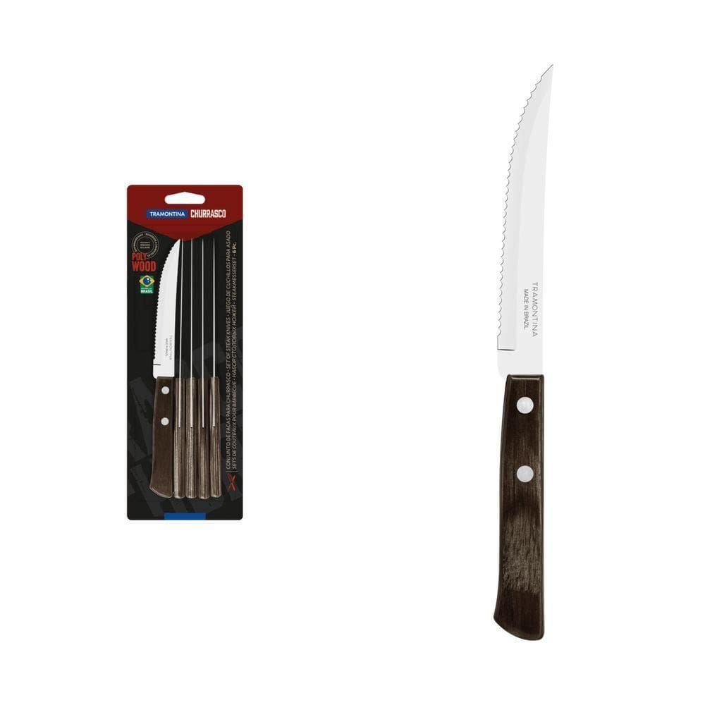 Conjunto De Facas Para Churrasco Tramontina 5\" Em Aço Inox Com Cabo Castanho Polywood 6 Peças