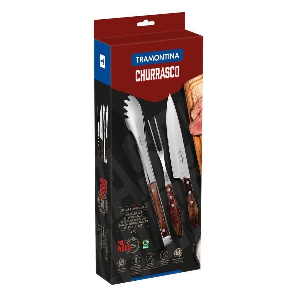 Jogo Para Churrasco Tramontina Em Aço Inox Com Cabo Castanho Polywood 3 Peças