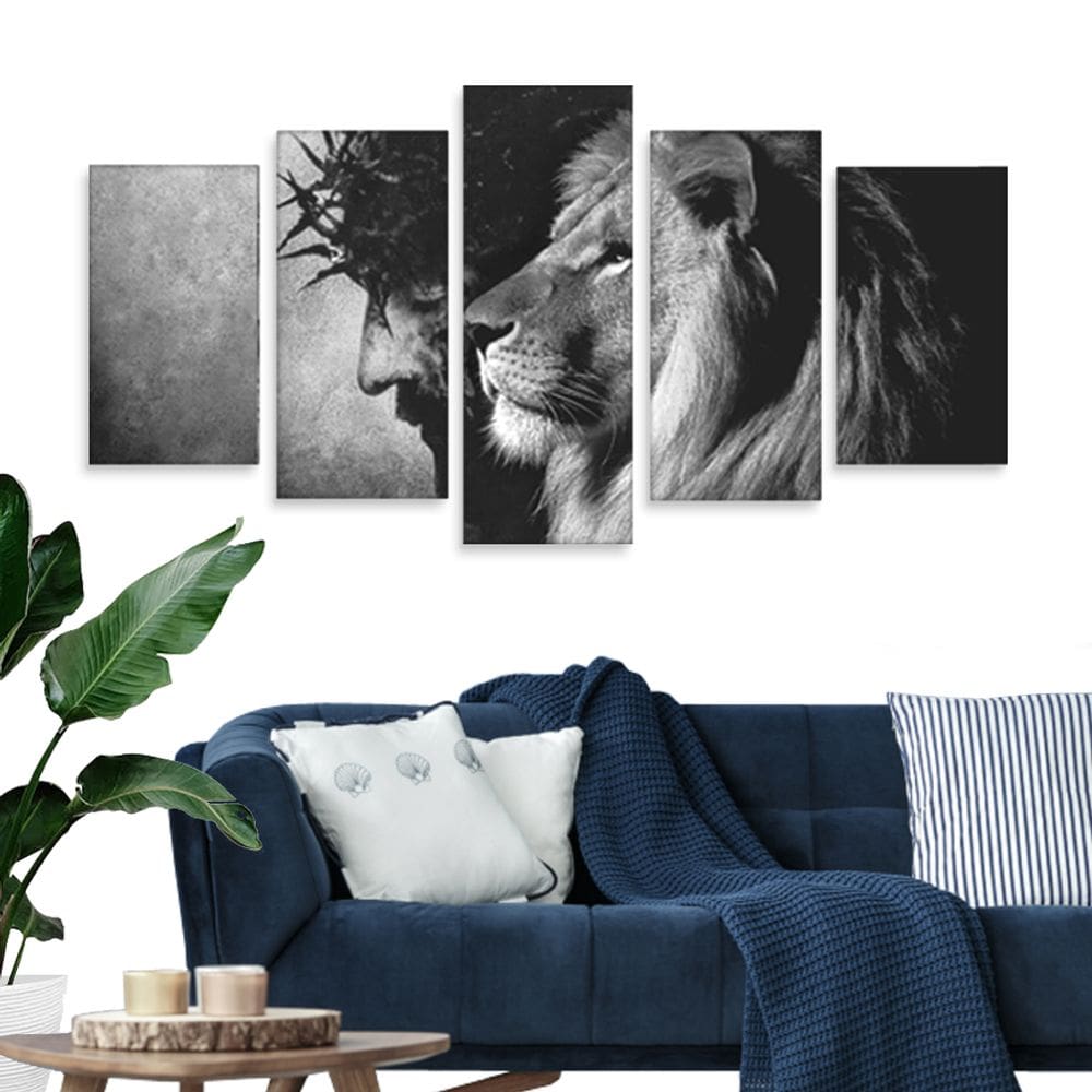 Quadro Leao Jesus Cristo preto e branco moderno 5 peças