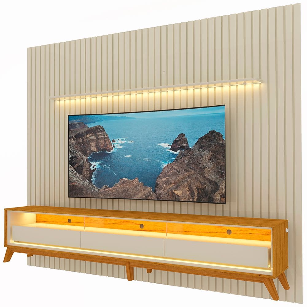 Painel Gelius Nobre com ripas autênticas e Rack requinte com LED largura 275 cm para TV de 85 polegadas OFF White/Naturalle