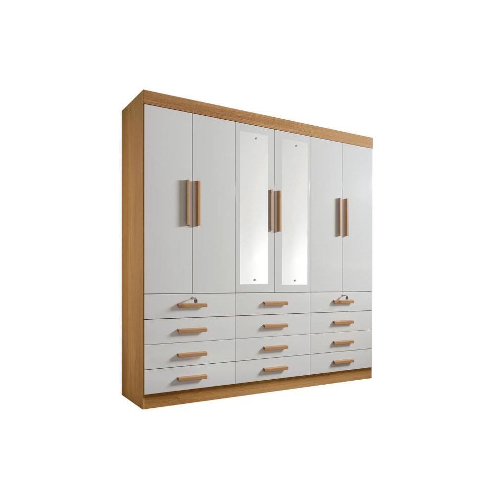 Guarda Roupa Casal com Espelho 6 Portas e 12 Gavetas – Cinamomo/Off White