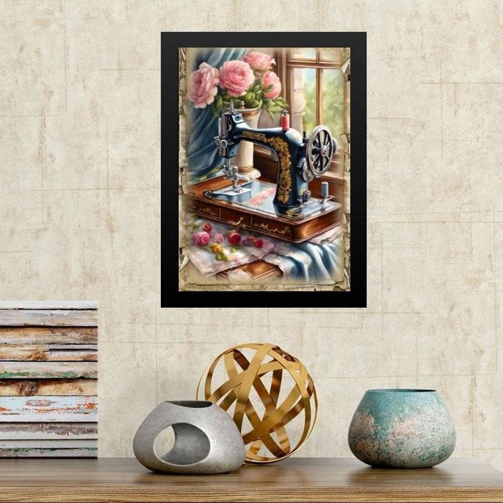 Quadro Máquina Costura Antiga - Flores 24X18Cm - Com Vidro