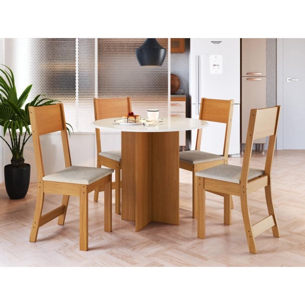 Mesa de Jantar Com 4 Cadeiras Linho 0.90x090 Circular / Alice– Freijó/Off White