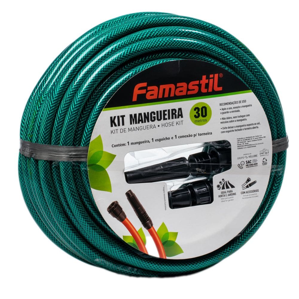 Mangueira para Jardim 30M Trançada Kit com Esguicho e Conector  Verde Famastil