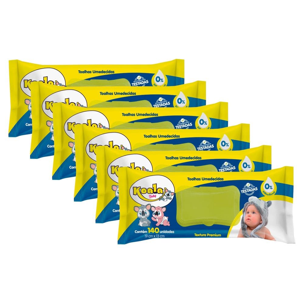Kit C/6 Toalhas Umedecida Koala Baby - 140 Unidades Cada