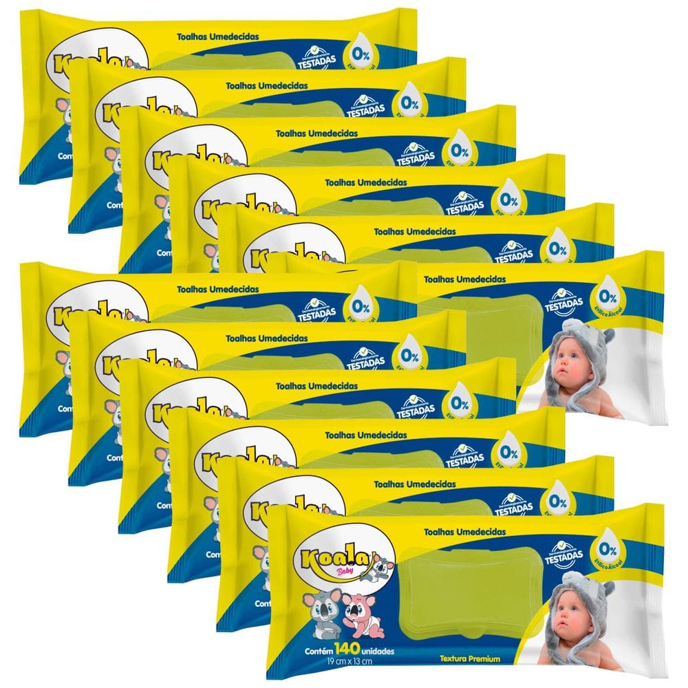 Kit C/12 Toalhas Umedecida Koala Baby - 140 Unidades Cada