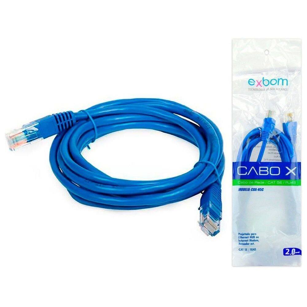 Patch Cord 2 Metros Cabo de Rede CAT5E Azul Exbom