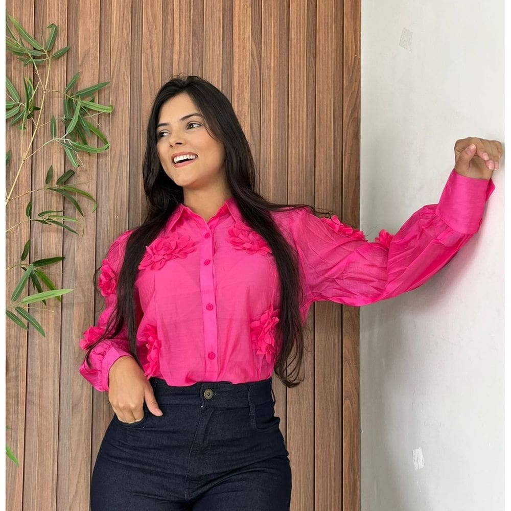 Camisa Feminino Organza Manga Longa Detalhe Flor Fechamento Botões
