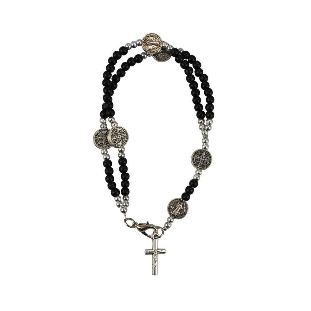 Pulseira Terço Contas Pretas / Cinza E Branco 0.5Cm
