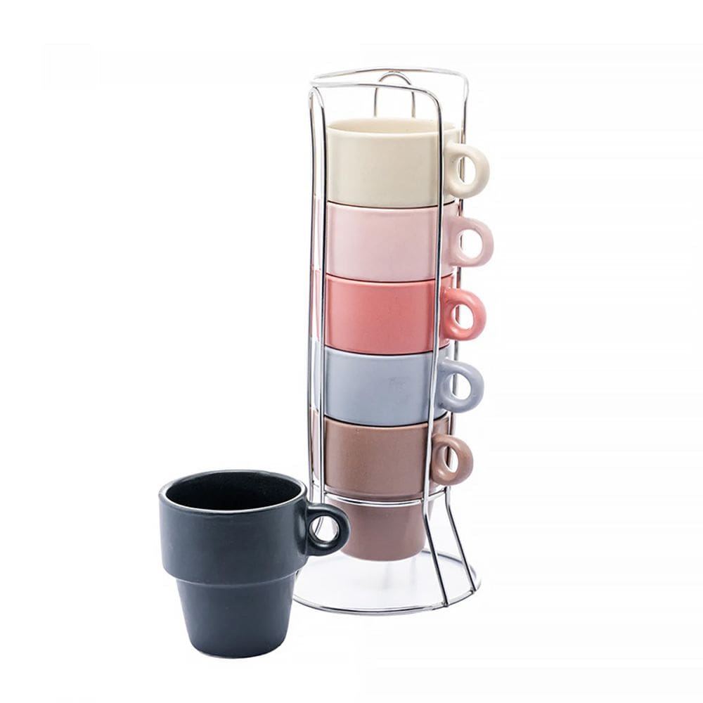 Conjunto 6 Xícaras de Café Empilháveis de Cerâmica com Suporte Coloridas 90ml 29369 - Wolff