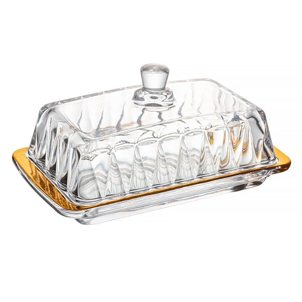 Manteigueira de Cristal com Tampa e Fio de Ouro Radial 18x10,5x8cm 220374 - Lyor