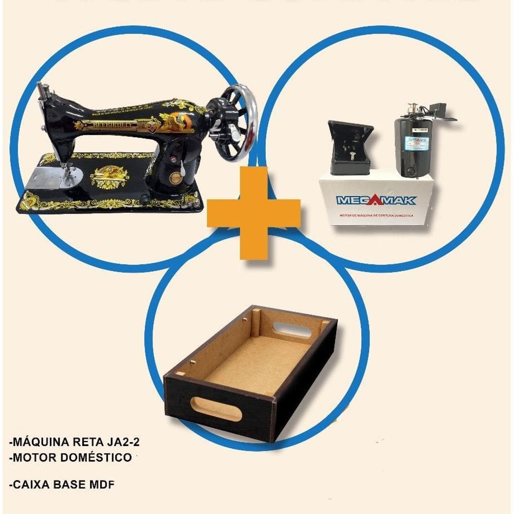 Máquina De Costura Reta Doméstica Pretinha+Base+Motor 220V