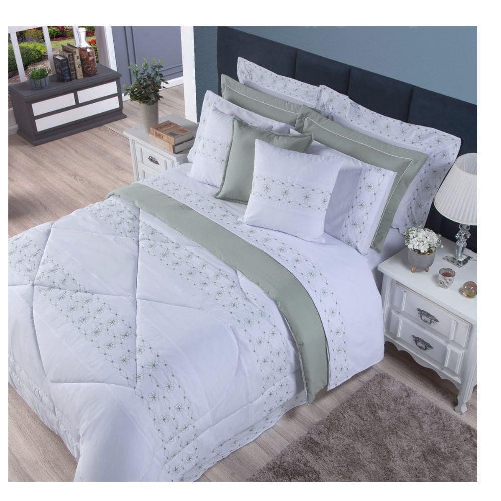 Colcha Queen 11 Peças 100% Algodão Percal 200 Fios Bordado