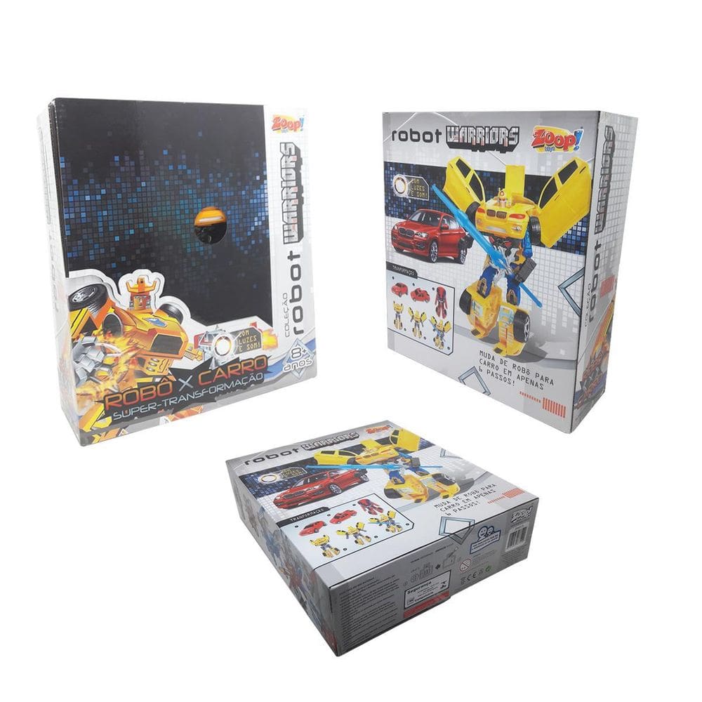 Brinquedo Carro Vira Robô Amarelo Som Luz + Espada E Escudo