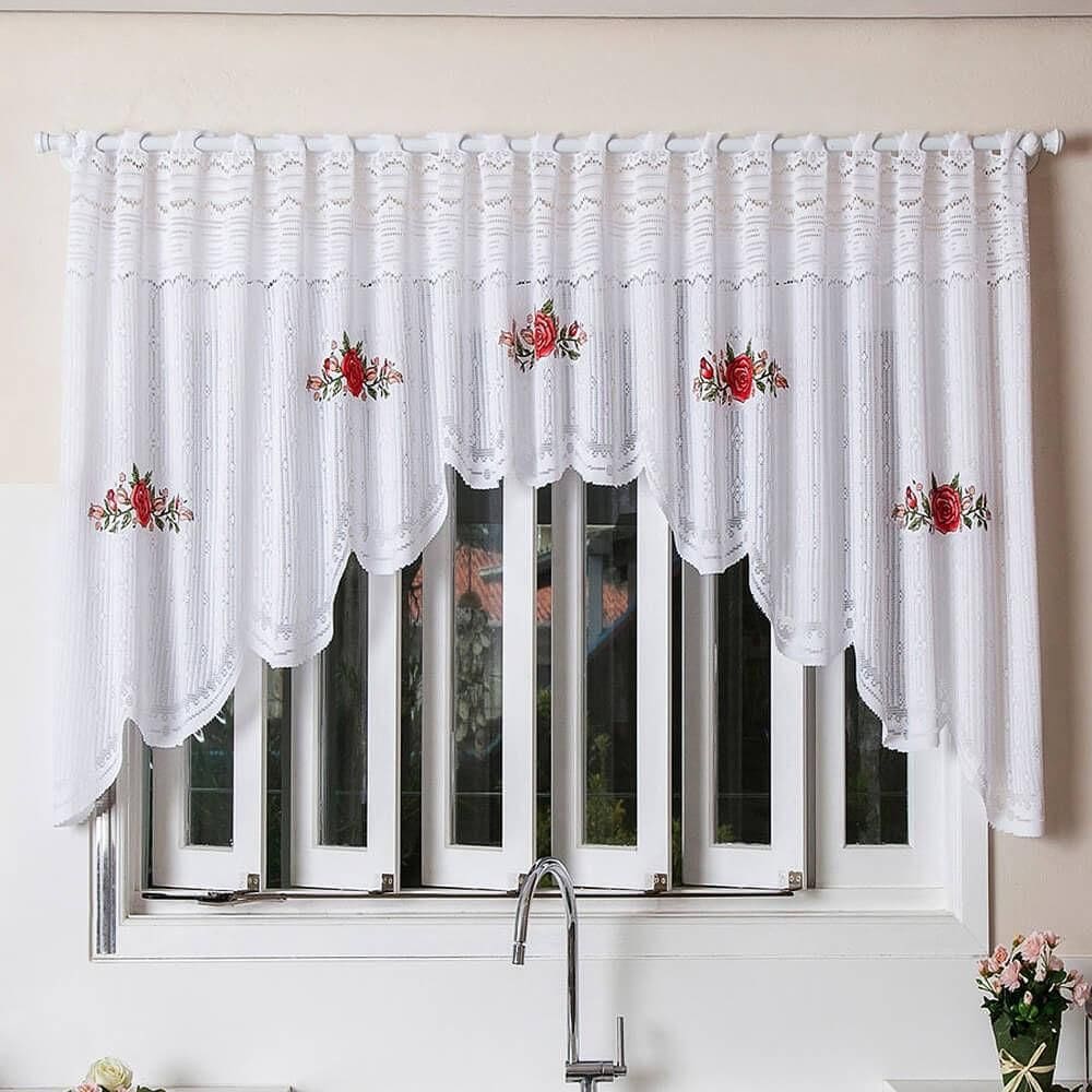 Cortina Para Cozinha Cascata Renda Interlar Flores 300X100Cm