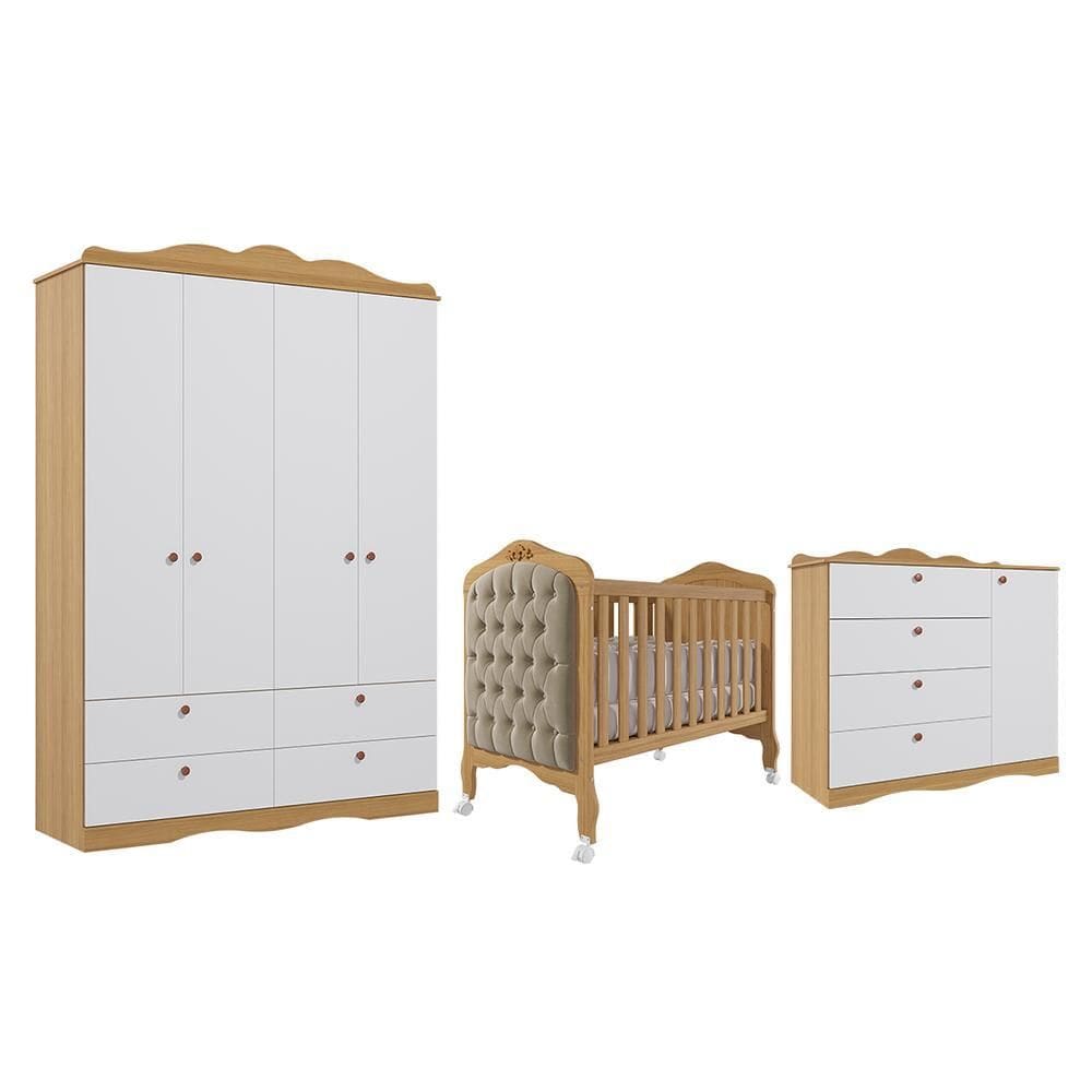 Dormitório Encanto Guarda Roupa, Cômoda e Berço Harmonia com Capitonê - Permóbili Baby