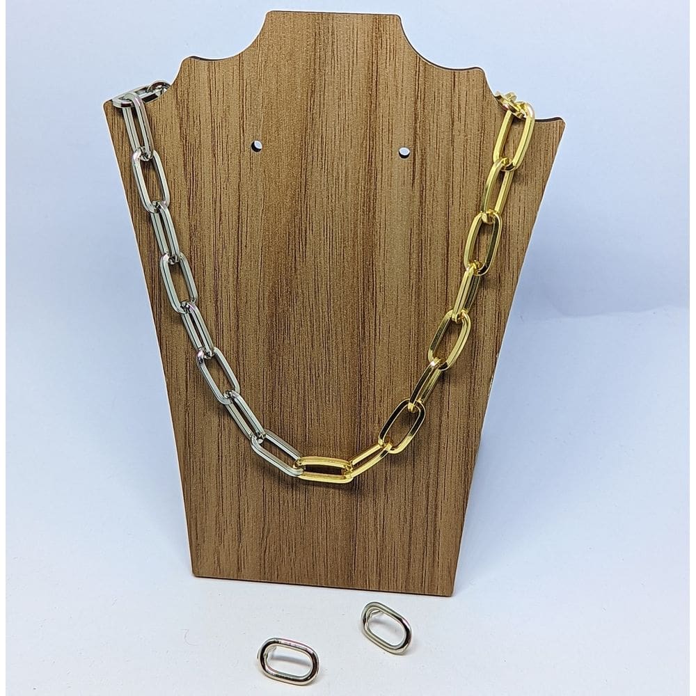 Kit Conjunto Colar Choker e Par Brincos Corrente Elos Grosso Retangular Folheado Ouro Mix Dois Banhos  Dourado com Prata