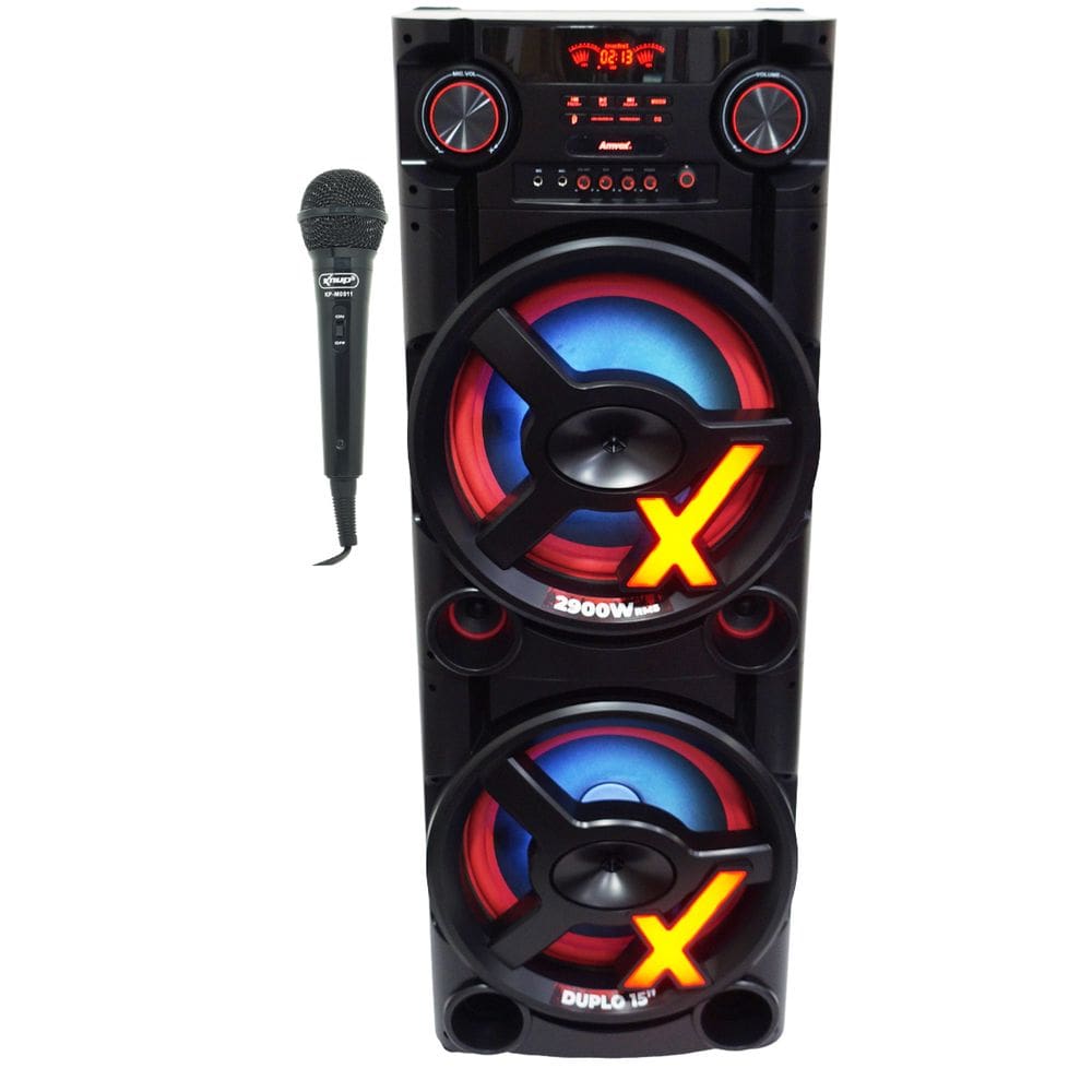 Caixa Som Amplificada Bluetooth 2900W Rms Woofer 15´´ Usb Led Bivolt + 1 Microfone Amvox Aca 2900