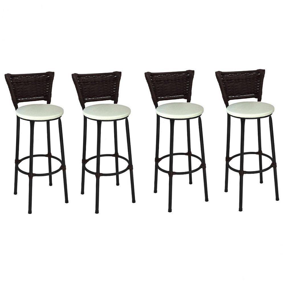 Kit 4 Banquetas Altas Preta com Encosto Junco Argila Assento Branco