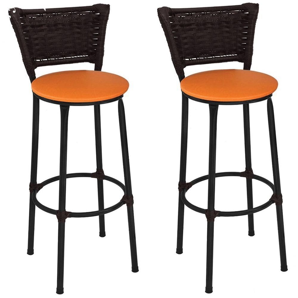 Kit 2 Banquetas Altas Preta com Encosto Junco Argila Assento Laranja