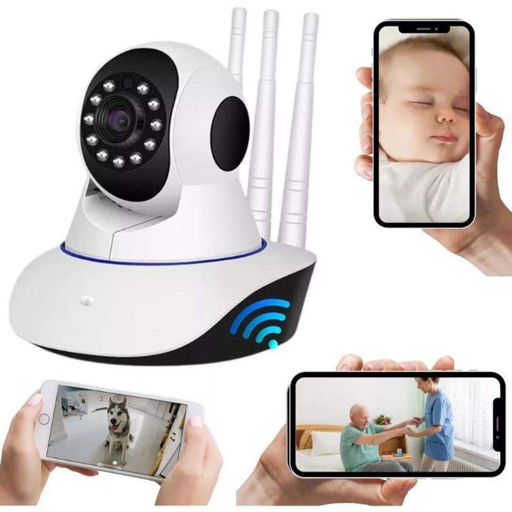 Câmera Ip Sem Fio 360 3 Antenas Hd Wifi Visão Noturna