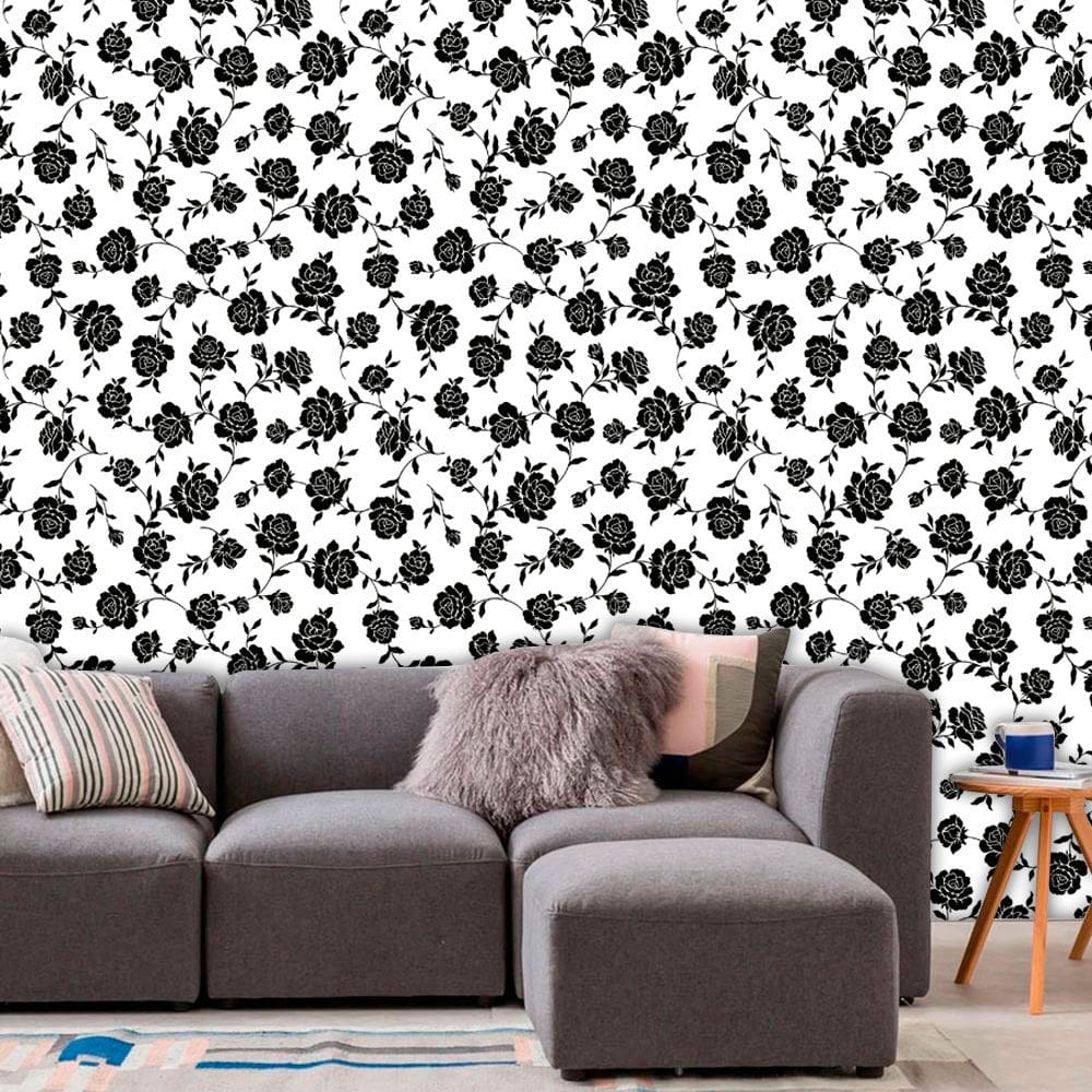 Papel de Parede Adesivo Lavável Floral Rosas Preta e B