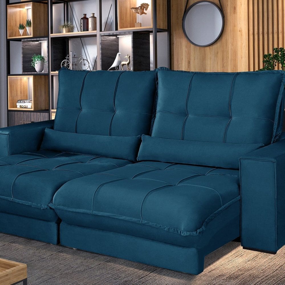 Sofá Retrátil e Reclinável Thor - Molas Ensacadas 250 cm – Veludo Azul Marinho