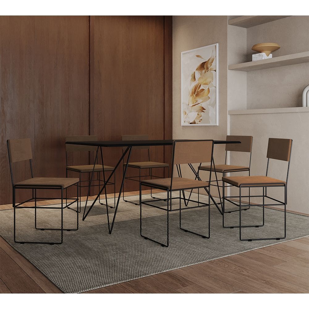 Mesa Jantar Retangular Industrial Trama 1,50x0,90m Preta com 6 Cadeiras Estofadas Marrom e Preta Vit