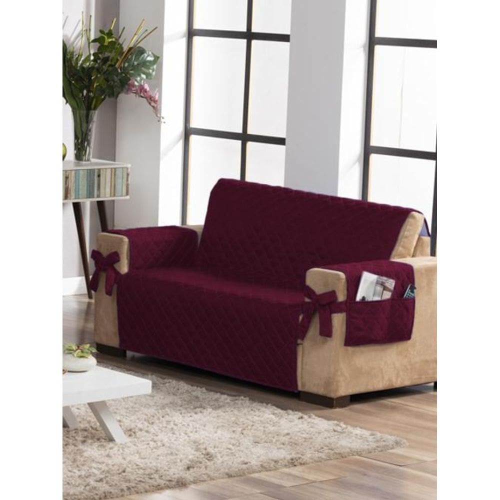 Protetor De Sofa 2 Lugares Matelado Vinho Porta Objetos