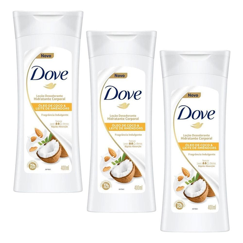 Kit 3 Loção Desodorante Hidratante Corporal Dove Óleo de Coco e Leite de Amêndoas 400ml