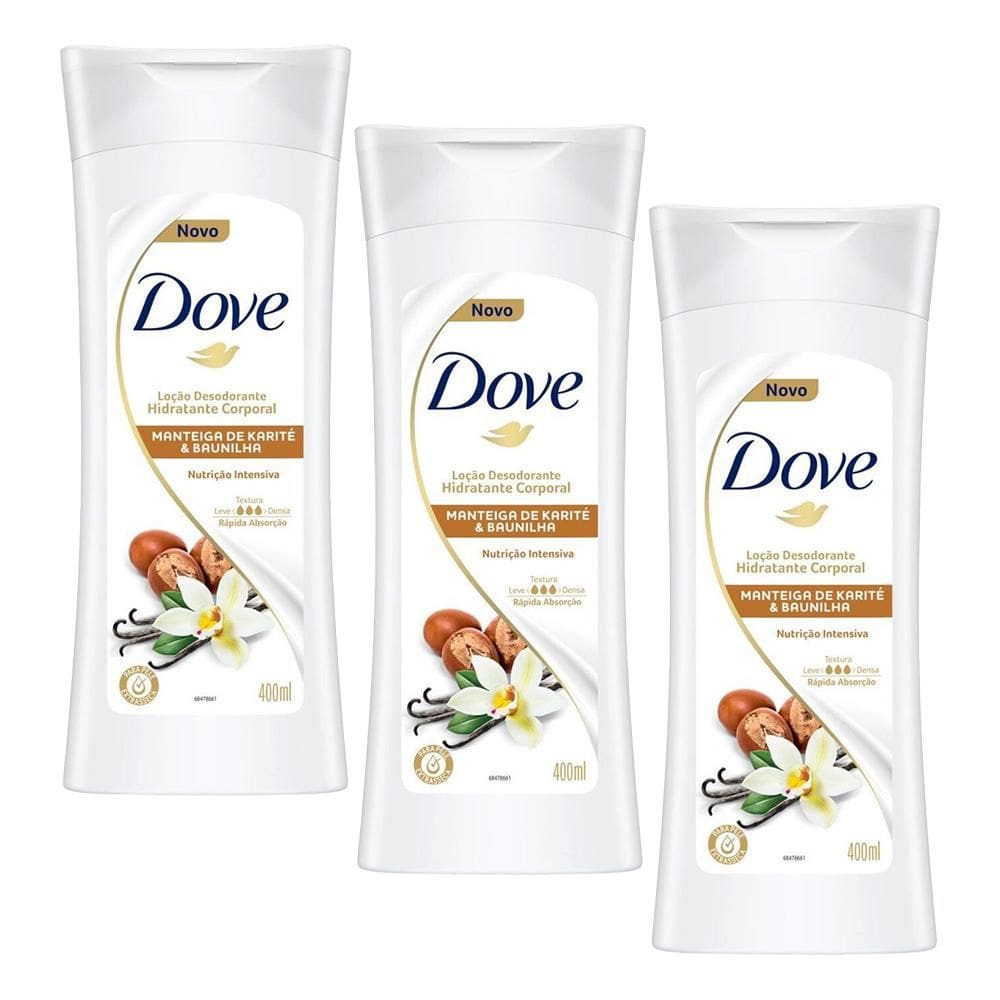 Kit 3 Loção Desodorante Hidratante Corporal Dove Manteiga de Karité e Baunilha 400ml