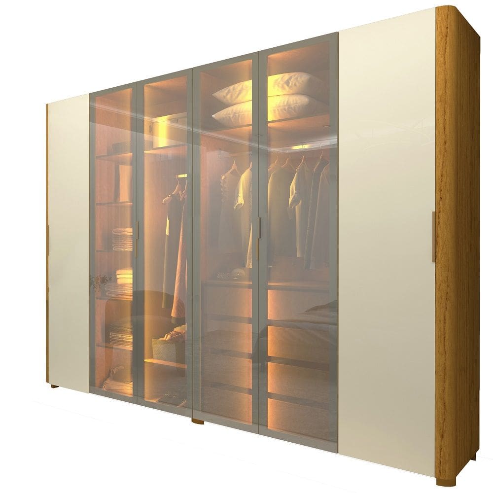 Guarda Roupa de Casal Gelius Innova com 250 cm de Largura 6 portas com 4 portas de vidro reflecta 4 gavetas com pés e LED Naturale OFF White