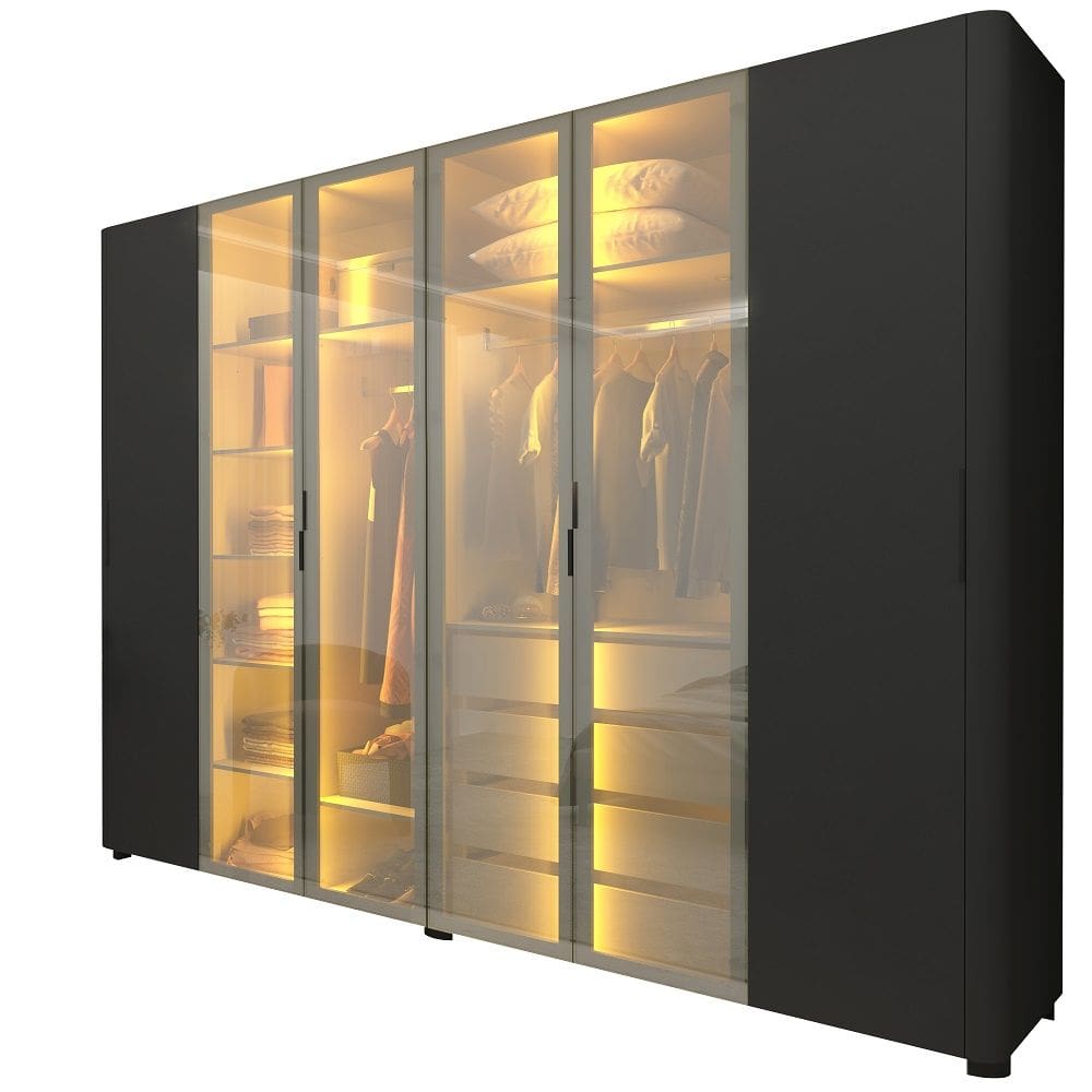 Guarda Roupa de Casal Gelius Innova com 250 cm de Largura 6 portas com 4 portas de vidro reflecta 4 gavetas com pés e LED Preto Acetinado