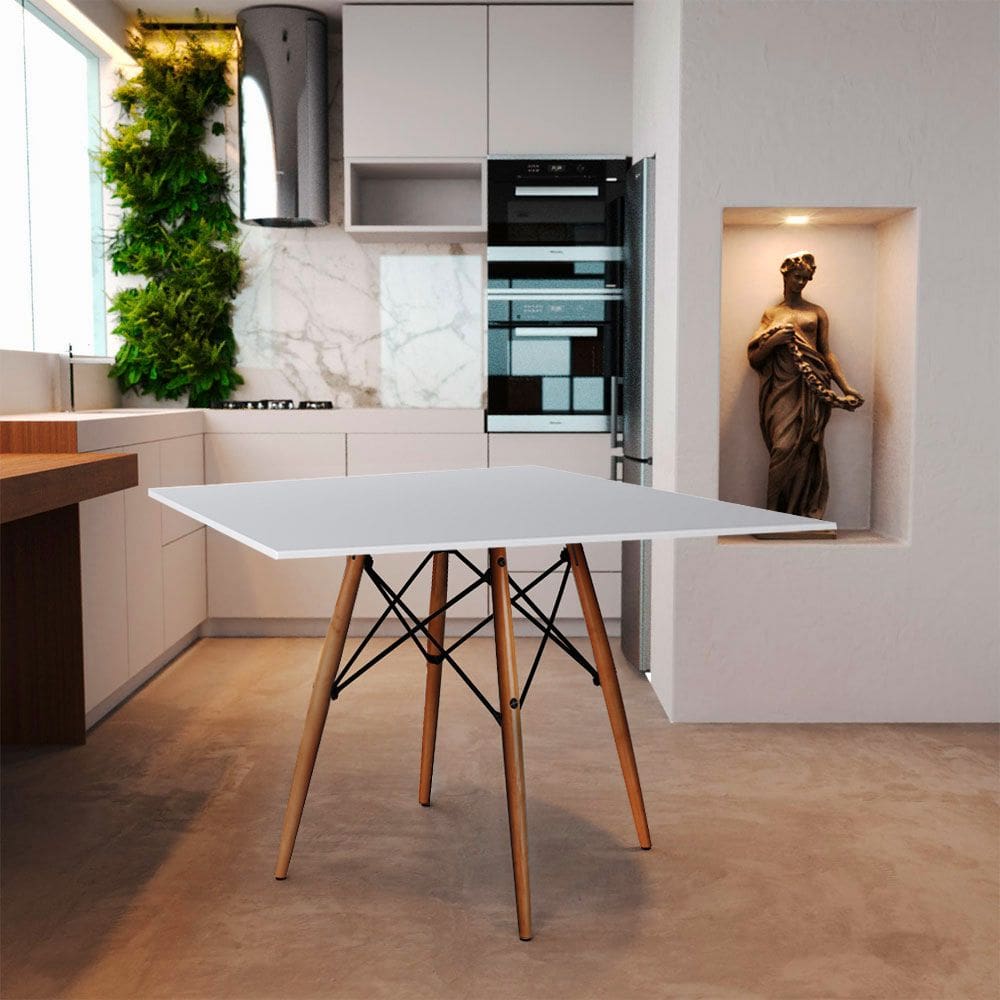 Mesa de Jantar Quadrada Eames Eiffel 90cm Branca Base Madeira