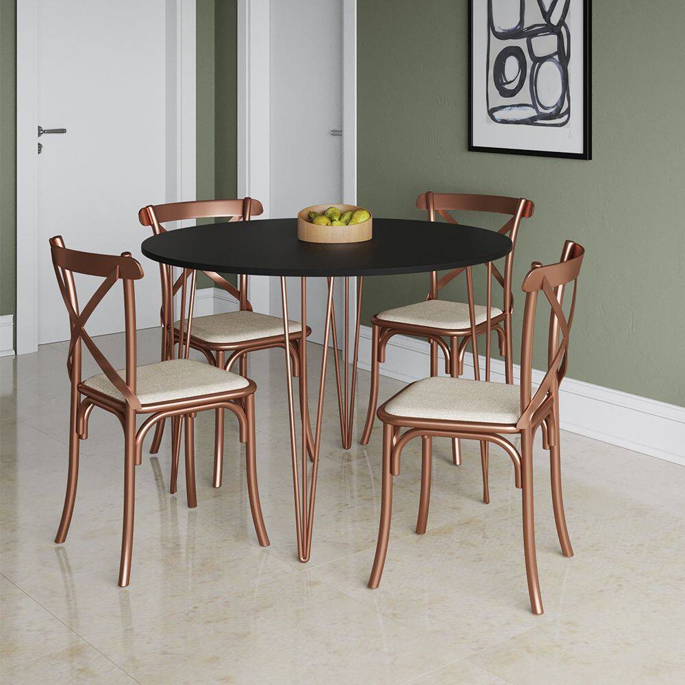 Mesa Jantar Redonda Preta Elen 110cm Hairpin com 4 Cadeiras Katrina Cobre