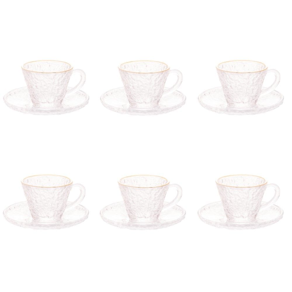 Conjunto de Xícara de Cafezinho com Pires 06 Peças de Cristal Martelado com Fio de Ouro Petra Lyor