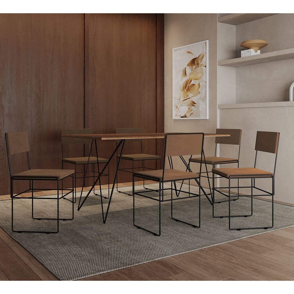 Mesa Jantar Retangular Industrial Trama 1,50x0,90m Amêndoa 6 Cadeiras Estofadas Marrom e Preto Vitór