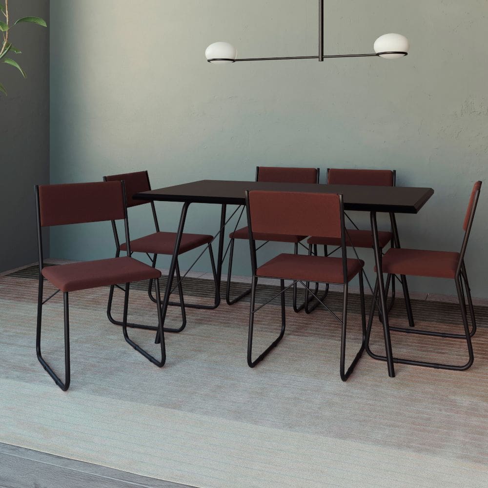 Mesa Jantar Paraty 150cm Tampo Preto com Cadeiras 6 Cadeiras Angra Estofadas Preta e Marrom