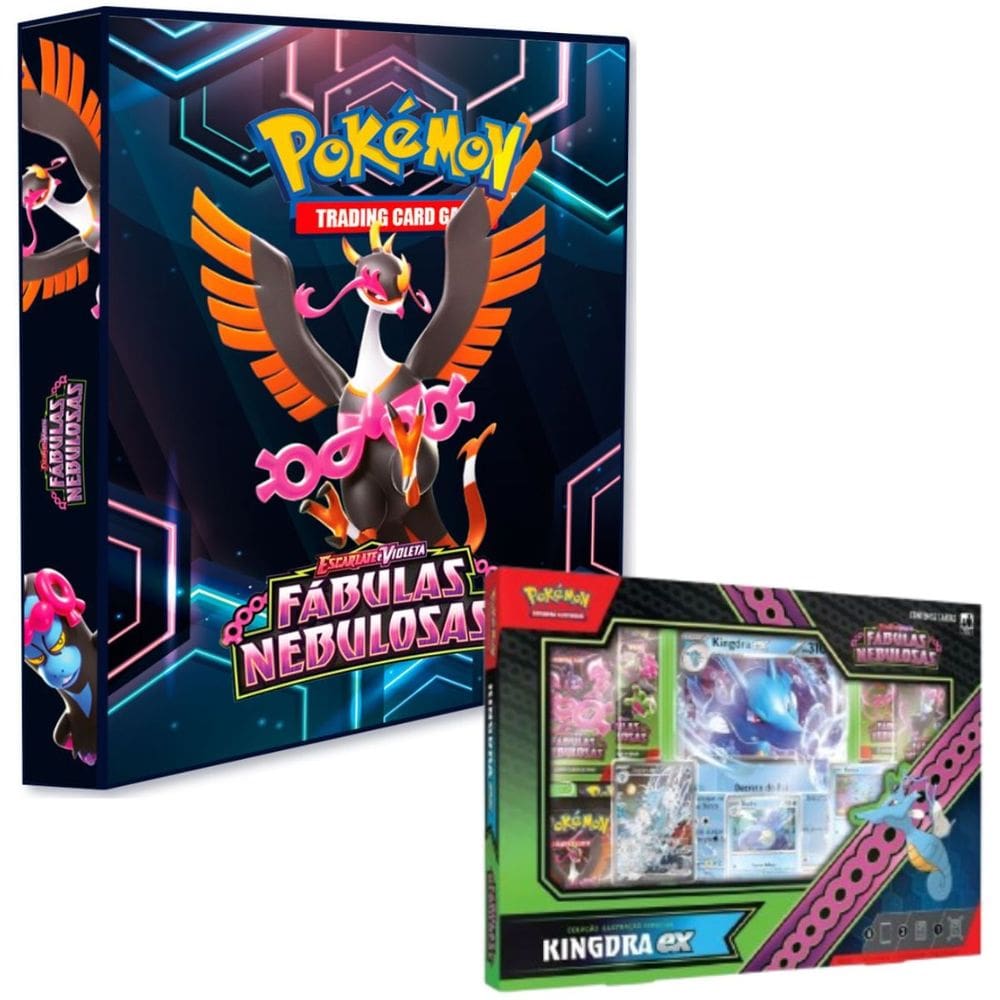Pasta Fichário Pokémon Escarlete e Violeta Coleção Fábulas Nebulosas e Box Kingdra EX Cards TCG
