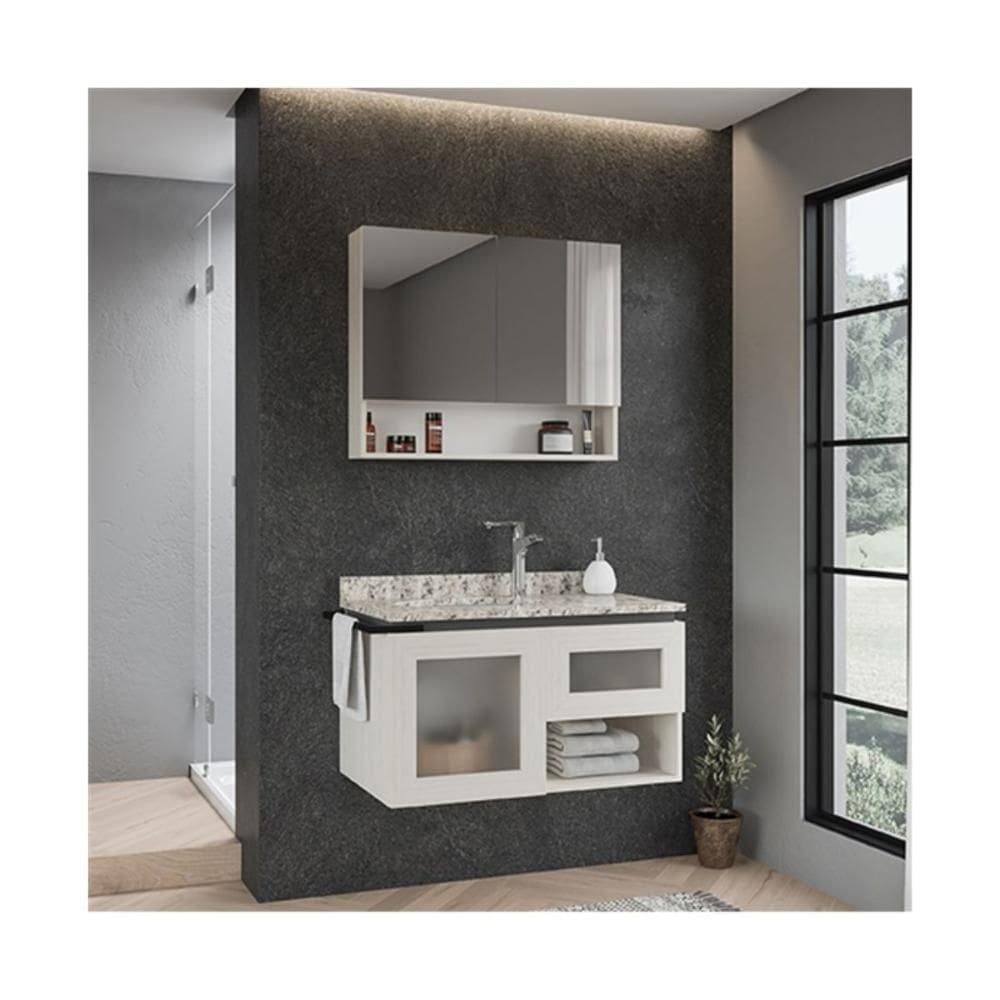 Balcão Banheiro Verre Suspenso 80cm Bianco/Amarelo