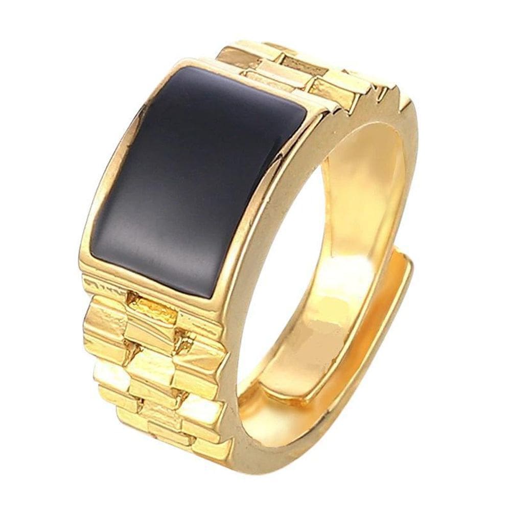 Anel Dourado Pedra Preta Banhado A Ouro Ajustável