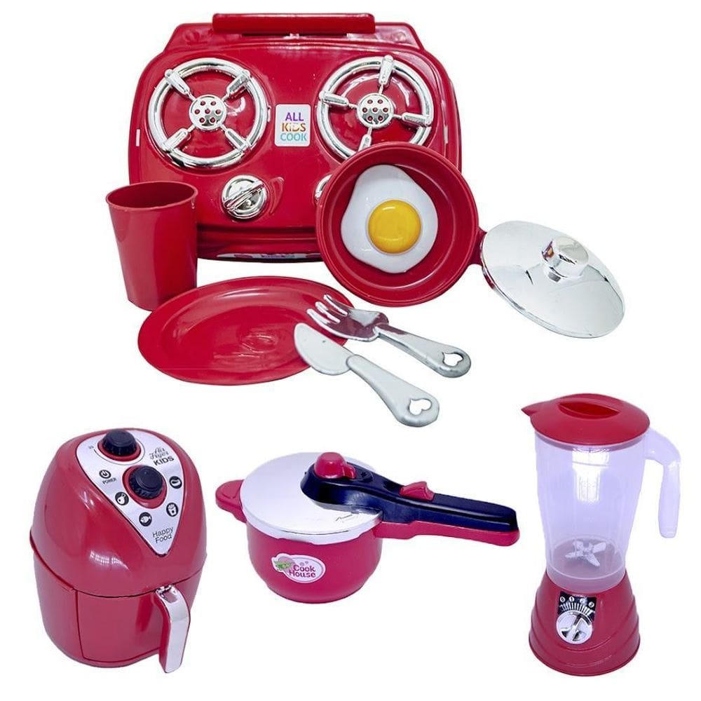Kit Cozinha Vermelho Brinquedo Infantil Air Fryer Fogão 9Pç